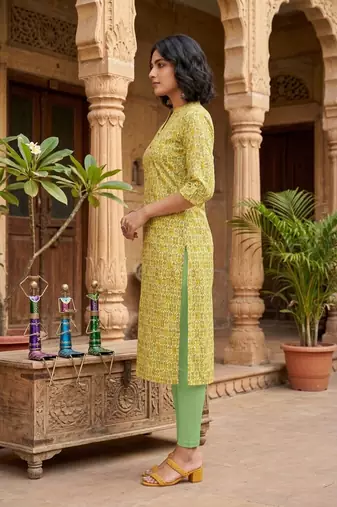 Yellow cotton blend geometric printed kurta for women