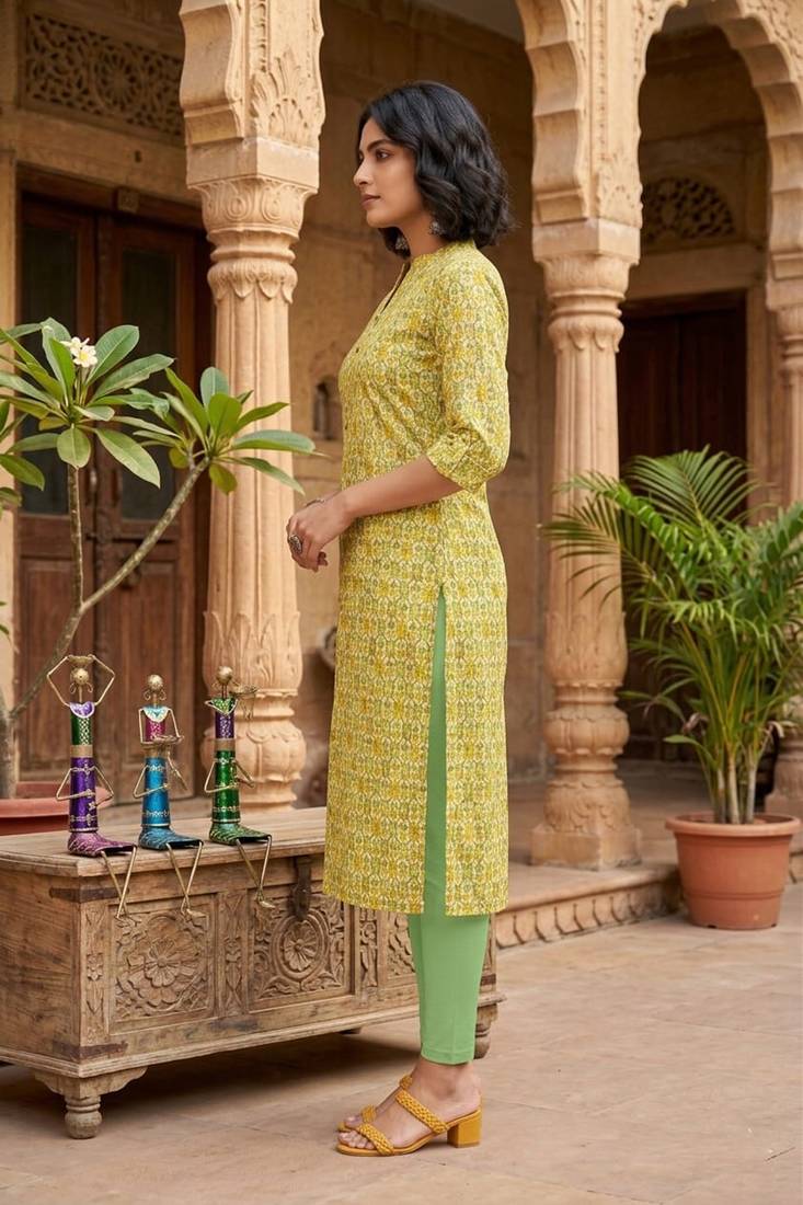 Yellow cotton blend geometric printed kurta for women