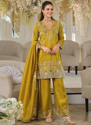 Mustard embroidered roman silk salwar suit 2