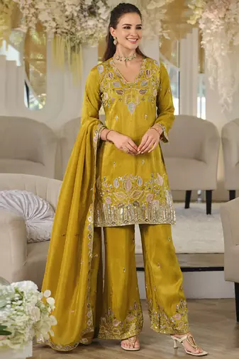Mustard embroidered roman silk salwar suit
