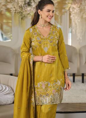 Mustard embroidered roman silk salwar suit 3