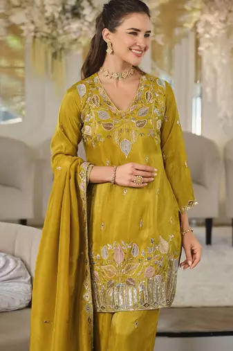 Mustard embroidered roman silk salwar suit