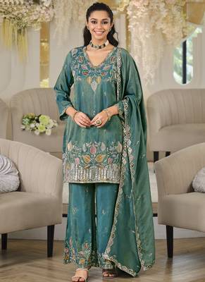 Turquoise embroidered roman silk salwar suit 1