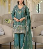 Turquoise embroidered roman silk salwar suit