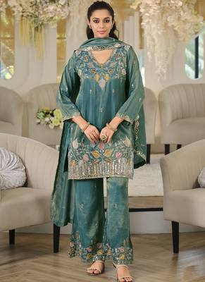 Turquoise embroidered roman silk salwar suit 2