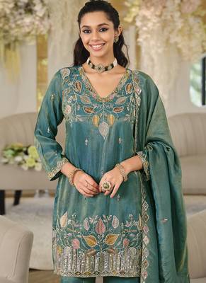Turquoise embroidered roman silk salwar suit 3