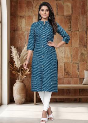 Blue cotton blend geometric printed kurta for women 1