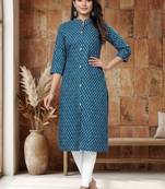 Blue cotton blend geometric printed kurta for women