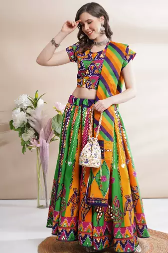  Women's Traditional Cotton Chaniya Choli Set with Dupatta  Free Size (upto XL)