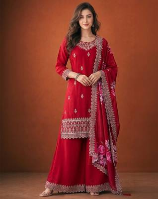 Women's Gorgeous Embroidery Vichitra Silk Fabric Straight Kurta, Sharara and Dupatta Set 1