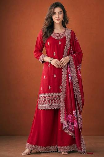 Women's Gorgeous Embroidery Vichitra Silk Fabric Straight Kurta, Sharara and Dupatta Set
