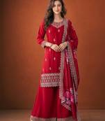 Women's Gorgeous Embroidery Vichitra Silk Fabric Straight Kurta, Sharara and Dupatta Set