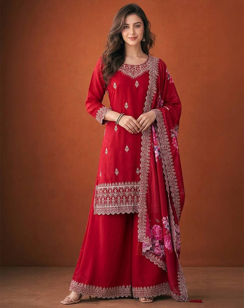 Women's Gorgeous Embroidery Vichitra Silk Fabric Straight Kurta, Sharara and Dupatta Set