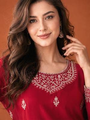 Women's Gorgeous Embroidery Vichitra Silk Fabric Straight Kurta, Sharara and Dupatta Set 2