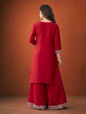 Women's Gorgeous Embroidery Vichitra Silk Fabric Straight Kurta, Sharara and Dupatta Set 4