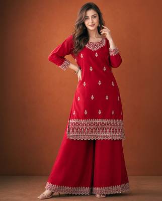 Women's Gorgeous Embroidery Vichitra Silk Fabric Straight Kurta, Sharara and Dupatta Set 5