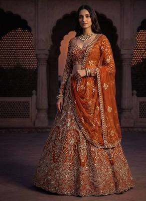Orange color Embroidery Sequins Work Net Lehenga Choli set   1