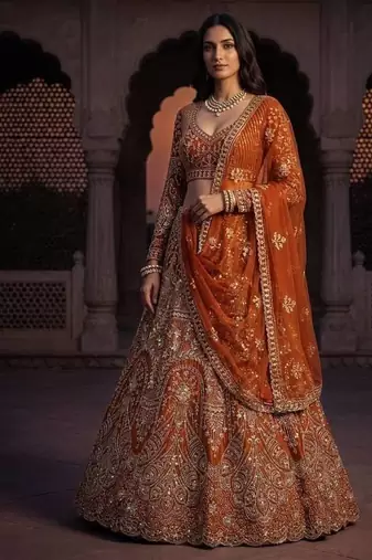 Orange color Embroidery Sequins Work Net Lehenga Choli set  