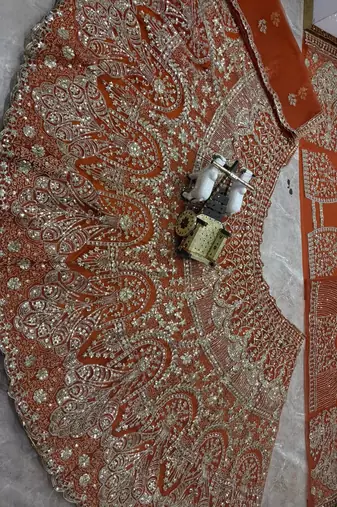 Orange color Embroidery Sequins Work Net Lehenga Choli set  