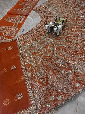 Orange color Embroidery Sequins Work Net Lehenga Choli set   3