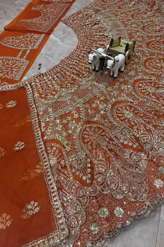 Orange color Embroidery Sequins Work Net Lehenga Choli set  