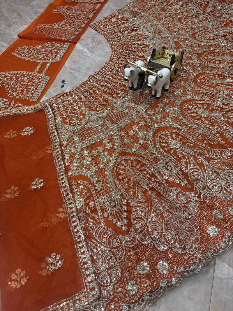 Orange color Embroidery Sequins Work Net Lehenga Choli set  