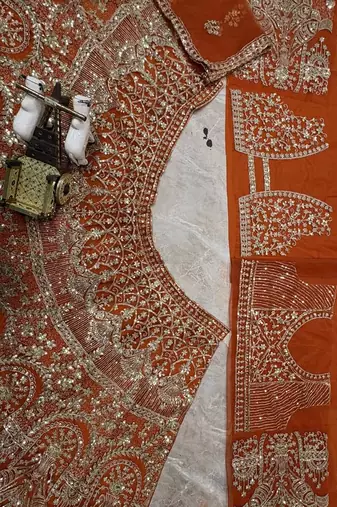 Orange color Embroidery Sequins Work Net Lehenga Choli set  