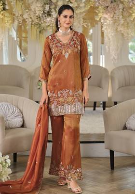 Rust copper shimmer tissue silk blend embroidered kurta set with dupatta 1