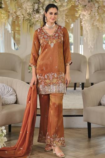 Rust copper shimmer tissue silk blend embroidered kurta set with dupatta