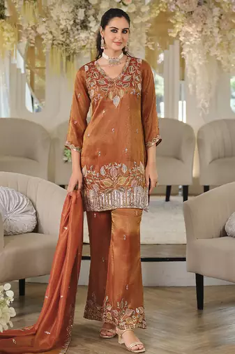 Rust copper shimmer tissue silk blend embroidered kurta set with dupatta