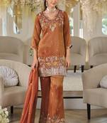 Rust copper shimmer tissue silk blend embroidered kurta set with dupatta