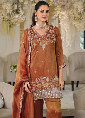 Rust copper shimmer tissue silk blend embroidered kurta set with dupatta 2