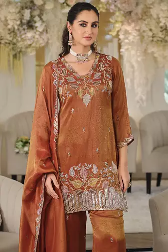 Rust copper shimmer tissue silk blend embroidered kurta set with dupatta