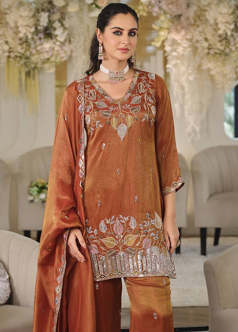 Rust copper shimmer tissue silk blend embroidered kurta set with dupatta
