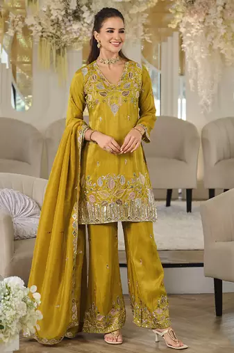 Mustard yellow shimmer tissue silk blend embroidered kurta set with dupatta