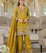 Mustard yellow shimmer tissue silk blend embroidered kurta set with dupatta