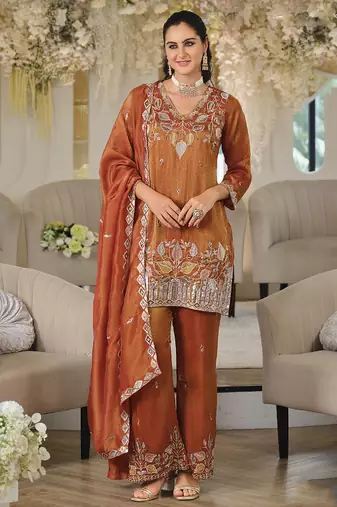 Rust copper shimmer tissue silk blend embroidered kurta set with dupatta
