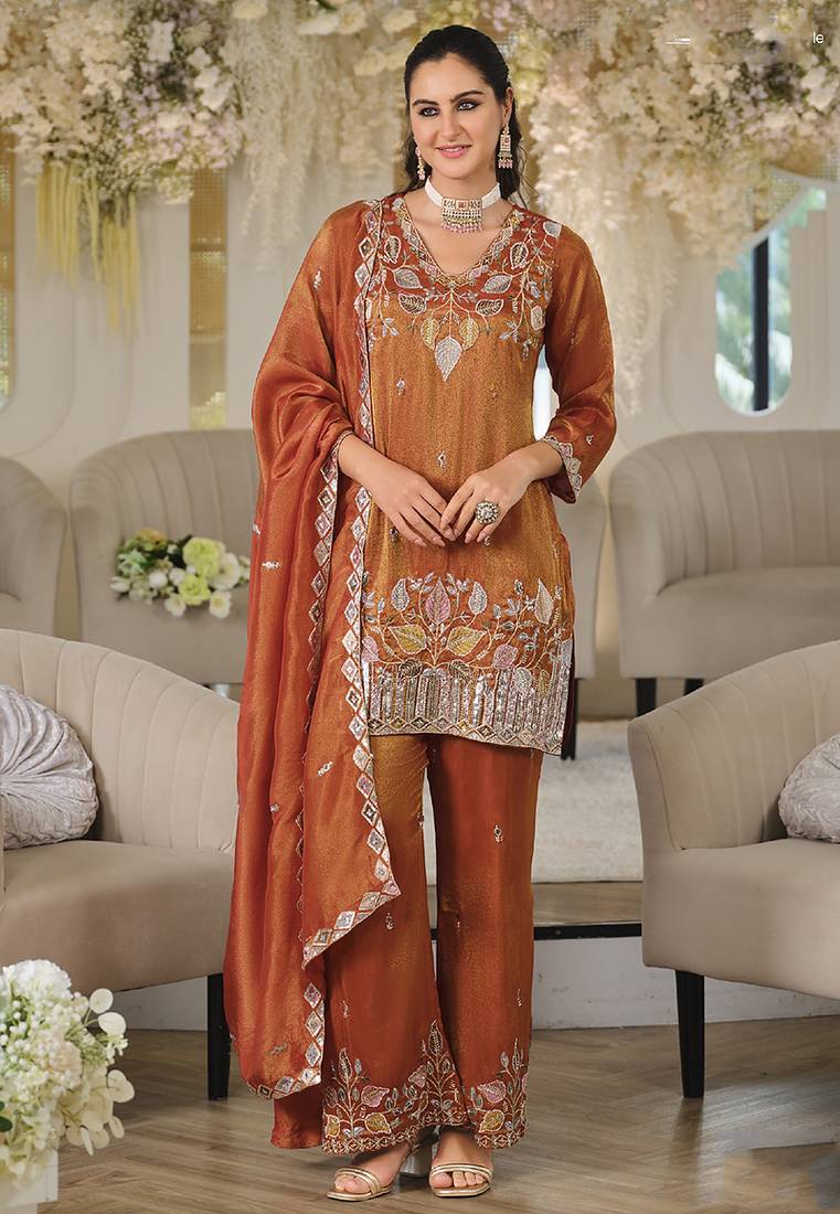 Rust copper shimmer tissue silk blend embroidered kurta set with dupatta