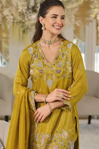 Mustard yellow shimmer tissue silk blend embroidered kurta set with dupatta