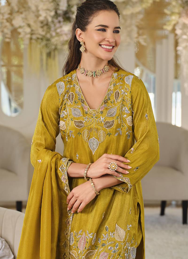 Mustard yellow shimmer tissue silk blend embroidered kurta set with dupatta