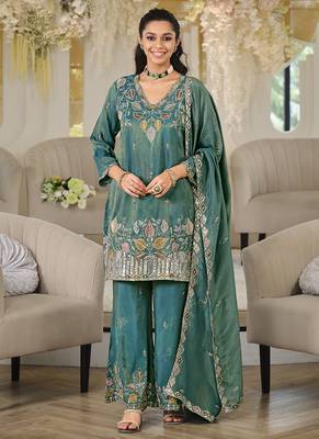 Teal shimmer tissue silk blend embroidered kurta set with dupatta 1