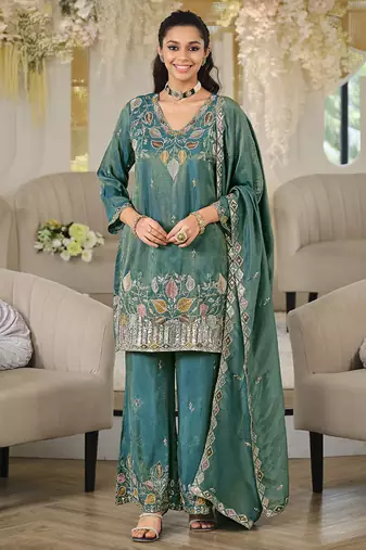 Teal shimmer tissue silk blend embroidered kurta set with dupatta