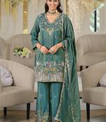Teal shimmer tissue silk blend embroidered kurta set with dupatta