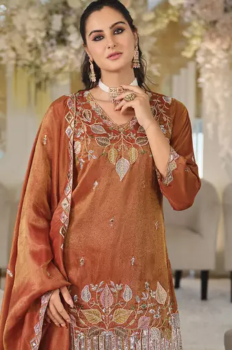 Rust copper shimmer tissue silk blend embroidered kurta set with dupatta