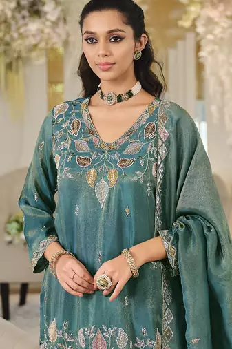 Teal shimmer tissue silk blend embroidered kurta set with dupatta