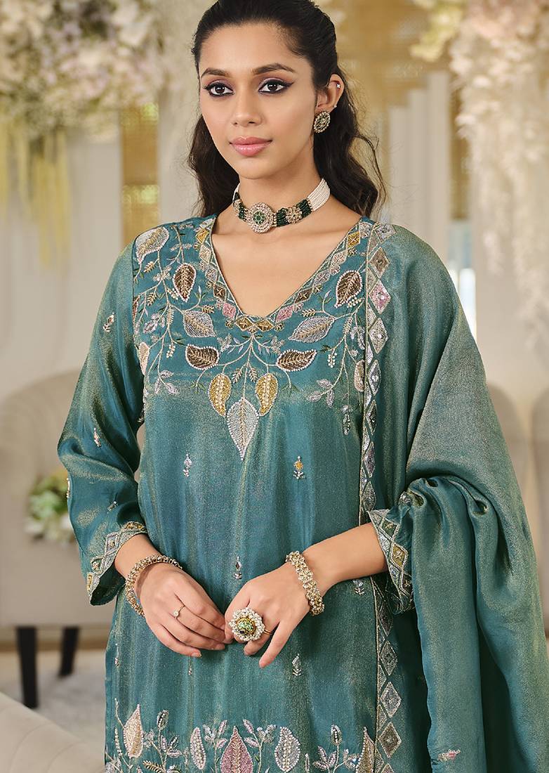 Teal shimmer tissue silk blend embroidered kurta set with dupatta