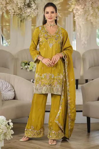 Mustard yellow shimmer tissue silk blend embroidered kurta set with dupatta