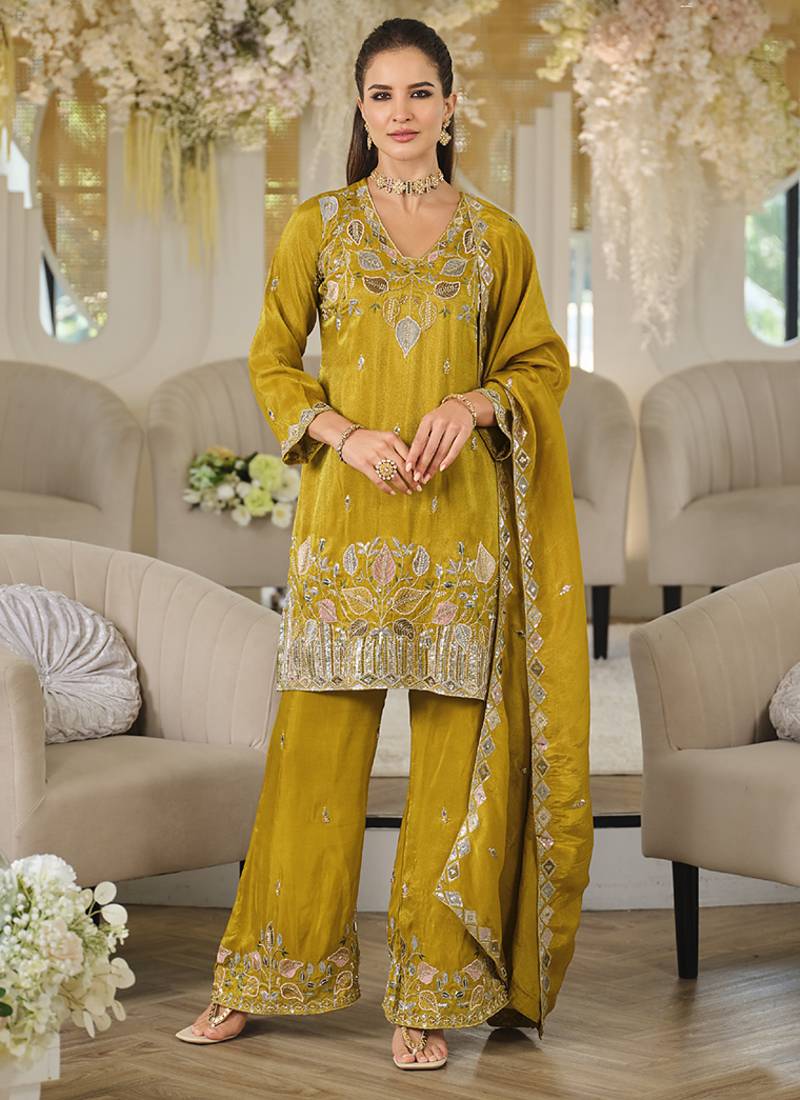 Mustard yellow shimmer tissue silk blend embroidered kurta set with dupatta
