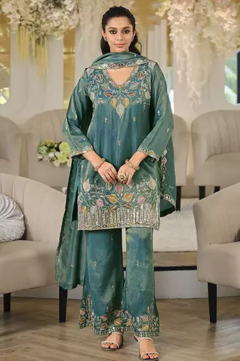 Teal shimmer tissue silk blend embroidered kurta set with dupatta