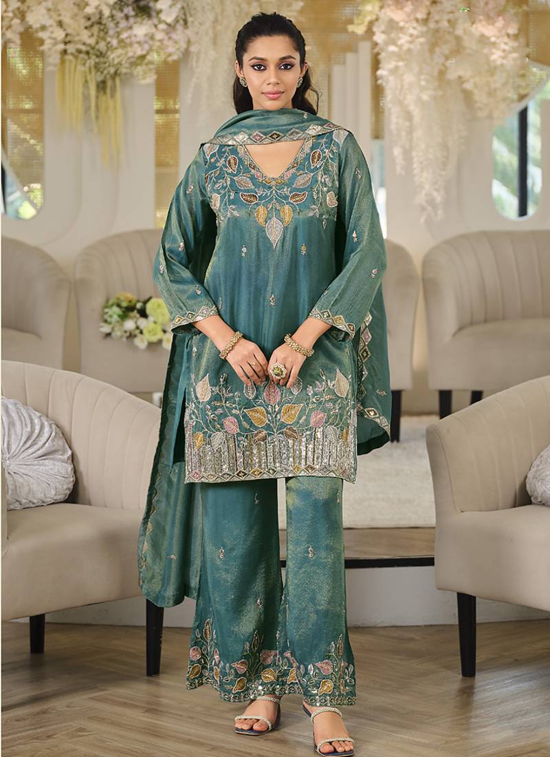 Teal shimmer tissue silk blend embroidered kurta set with dupatta